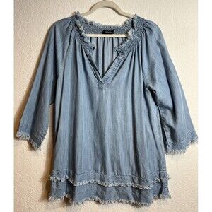 APNY Smocked Tencel Denim Look Tunic Frayed Boho Chic Coastal Cowgirl  Sz S NWOT
